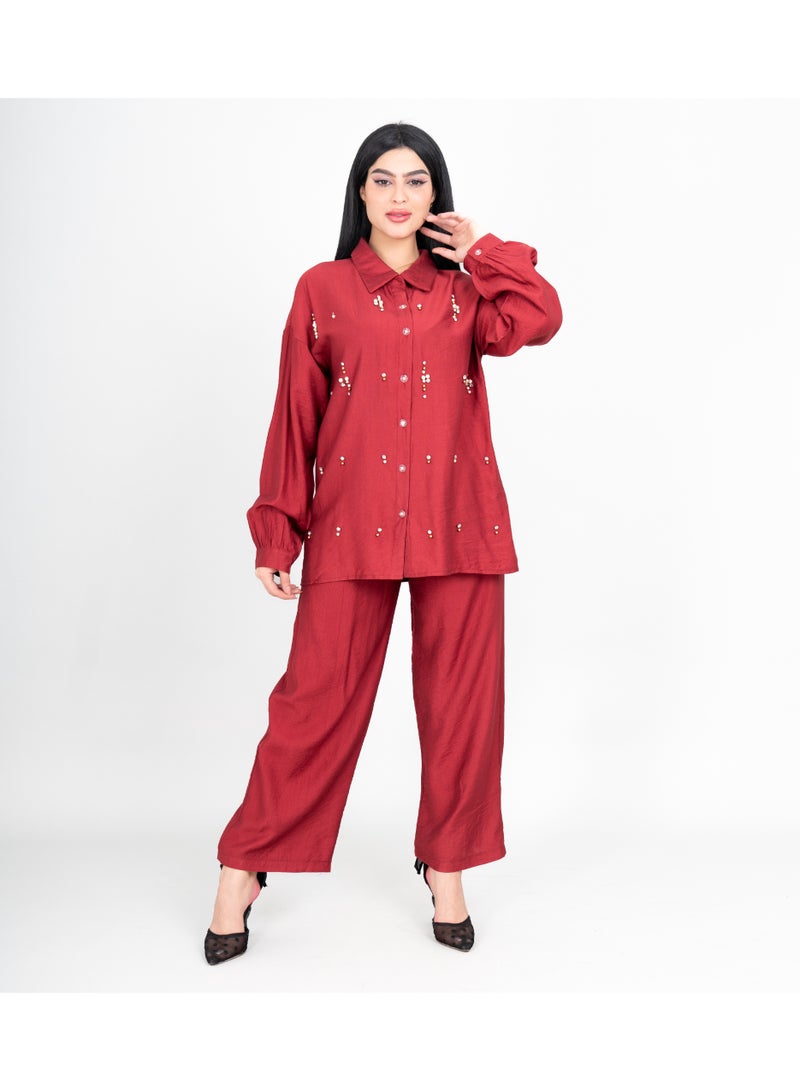 IKKXA Modern Two-Piece Outfit Blouse and Pants Crystal Details - Image 1
